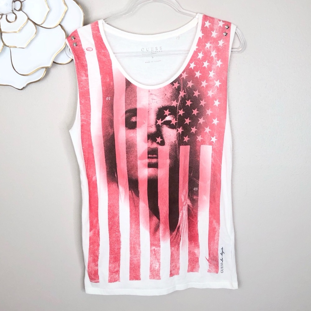Guess sleeveless muscle tee graphic print flag